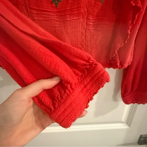 Free People Amy Red Floral Embroidered Cottagecore Top - Picture 6 of 11